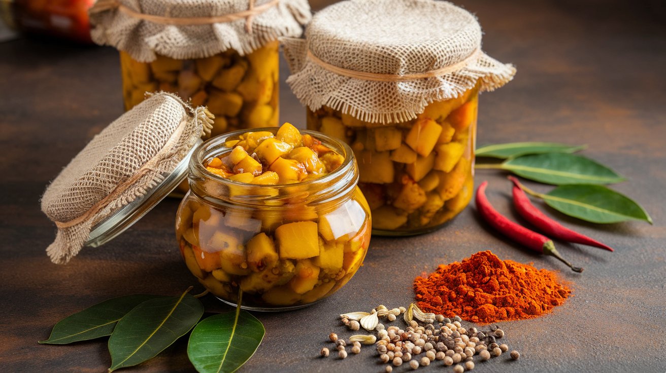 Traditional Indian pickles in jars with vibrant spices.