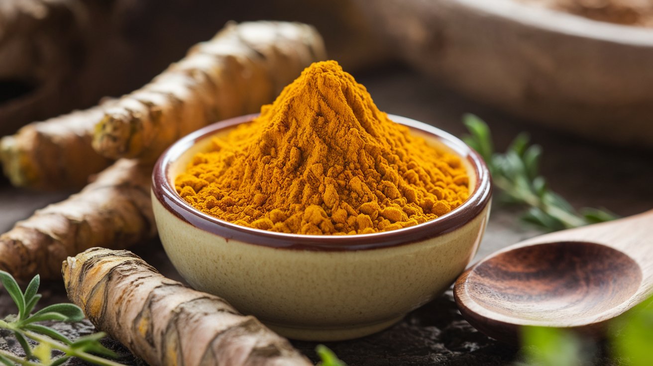 Golden turmeric powder and roots in a rustic setting.