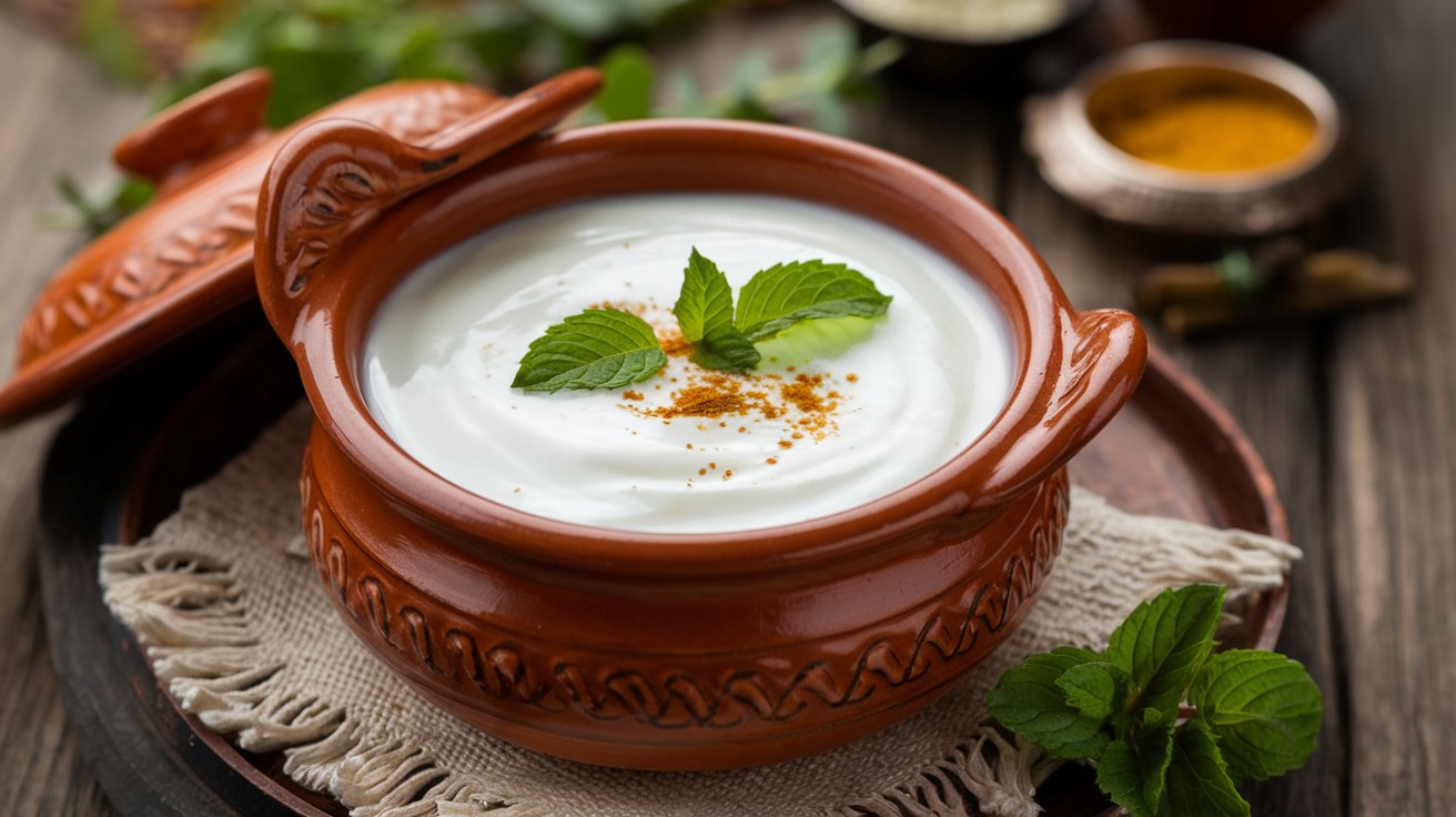 Fresh yogurt in a clay pot with mint garnish.