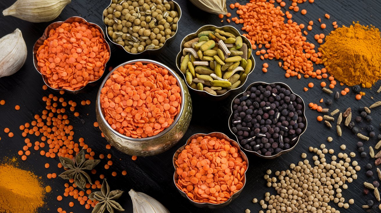 Colorful Indian lentils with spices on a wooden table.